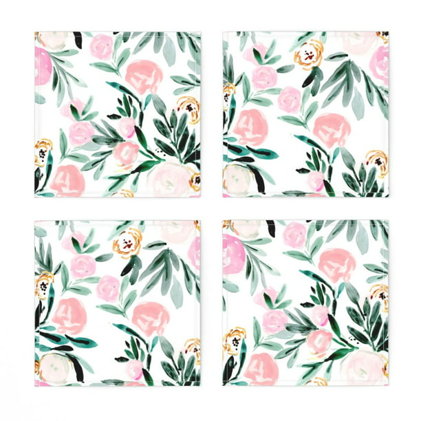 Cloth Placemats Pink Watercolor Floral Roses Rose Flower Leaves Green Set of 2 